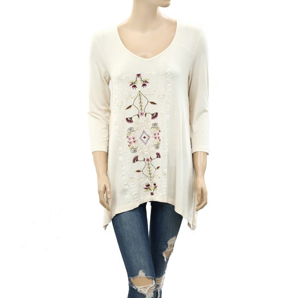 Caite Anthropologie Floral Embroidered Tunic Top Asymmetrical Cream S
